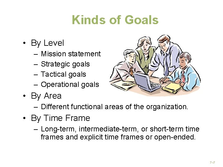 Kinds of Goals • By Level – – Mission statement Strategic goals Tactical goals