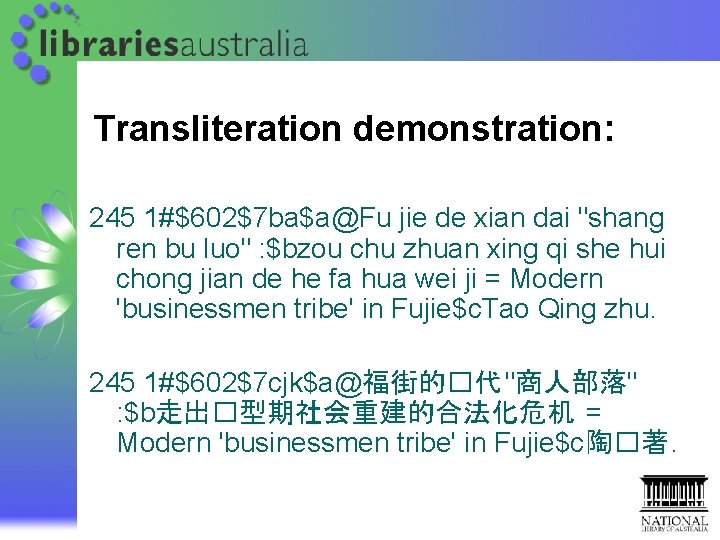 Transliteration demonstration: 245 1#$602$7 ba$a@Fu jie de xian dai "shang ren bu luo" :