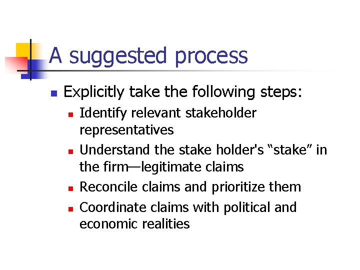 A suggested process n Explicitly take the following steps: n n Identify relevant stakeholder