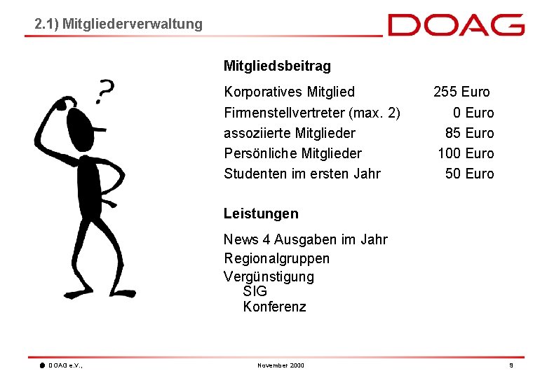 2. 1) Mitgliederverwaltung Mitgliedsbeitrag Korporatives Mitglied 255 Euro Firmenstellvertreter (max. 2) assoziierte Mitglieder Persönliche