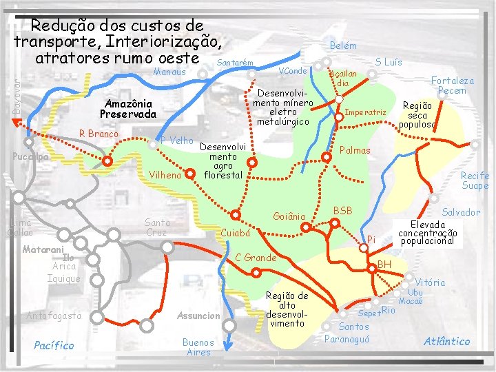 Redução dos custos de transporte, Interiorização, atratores rumo oeste Santarém Belém Bayovar Manaus Desenvolvimento