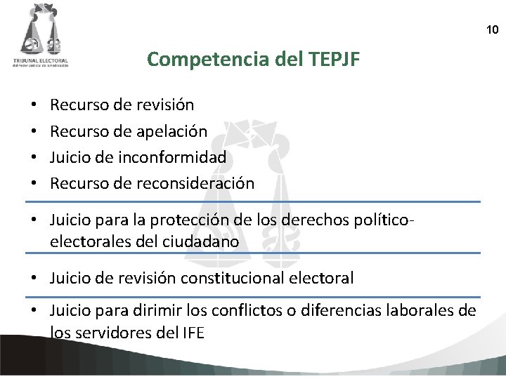 10 Competencia del TEPJF • • Recurso de revisión Recurso de apelación Juicio de