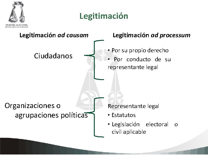 Legitimación ad causam Ciudadanos Legitimación ad processum • Por su propio derecho • Por