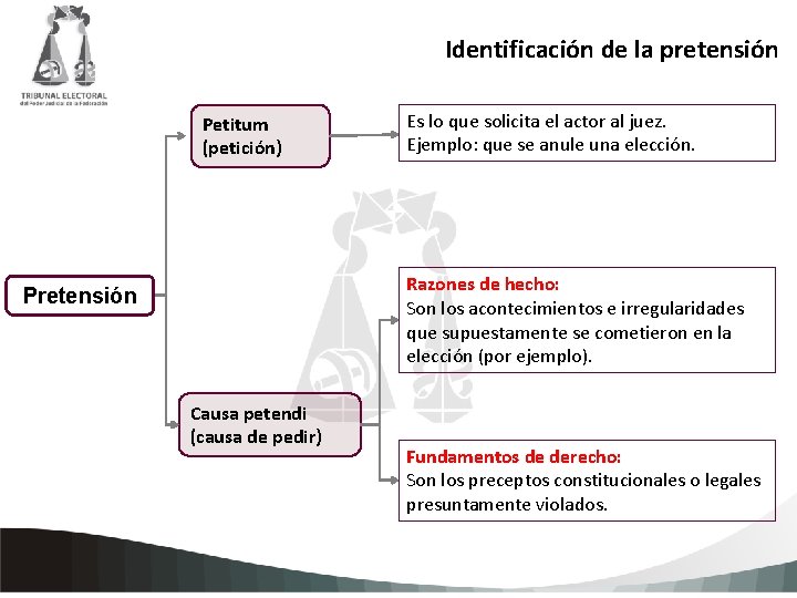 Identificación de la pretensión Petitum (petición) Es lo que solicita el actor al juez.