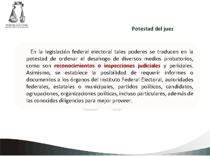 Potestad del juez En la legislación federal electoral tales poderes se traducen en la