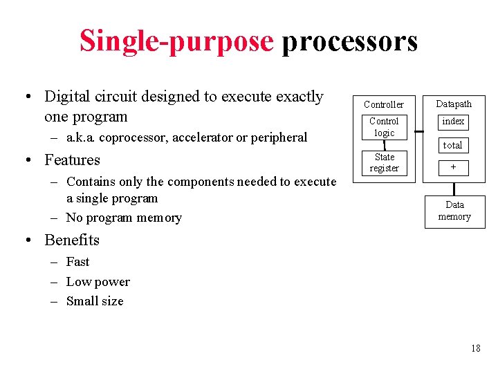 Single-purpose processors • Digital circuit designed to execute exactly one program – a. k.