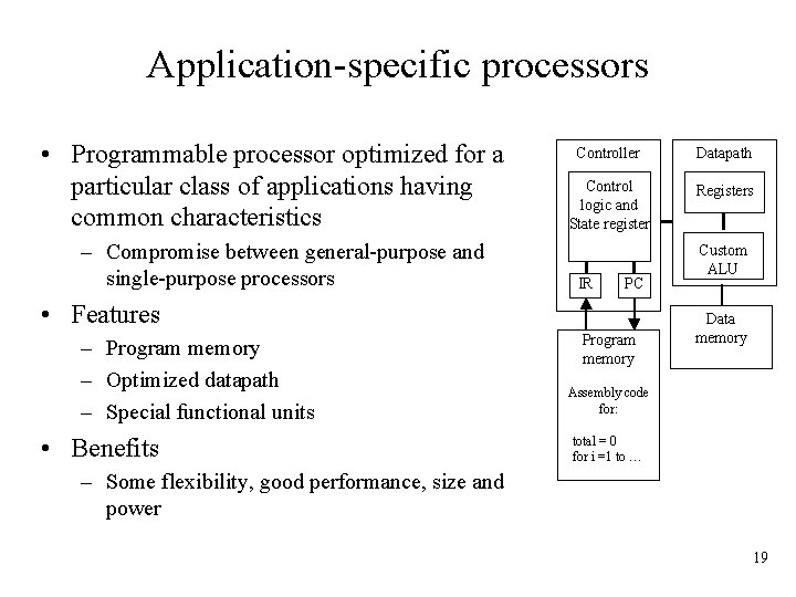 Application-specific processors • Programmable processor optimized for a particular class of applications having common