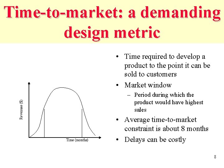 Time-to-market: a demanding design metric • Time required to develop a product to the
