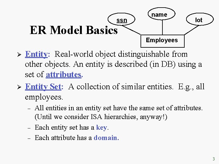 ssn name ER Model Basics lot Employees Ø Ø Entity: Real-world object distinguishable from ssn name ER Model Basics lot Employees Ø Ø Entity: Real-world object distinguishable from