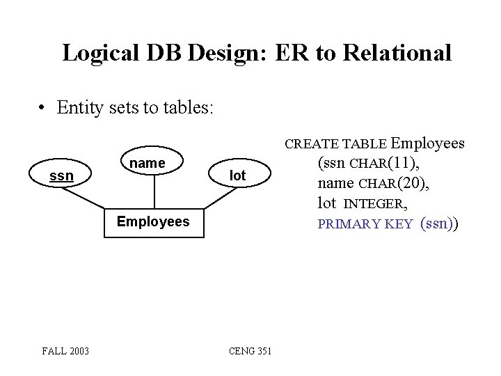 Logical DB Design: ER to Relational • Entity sets to tables: ssn name lot Logical DB Design: ER to Relational • Entity sets to tables: ssn name lot
