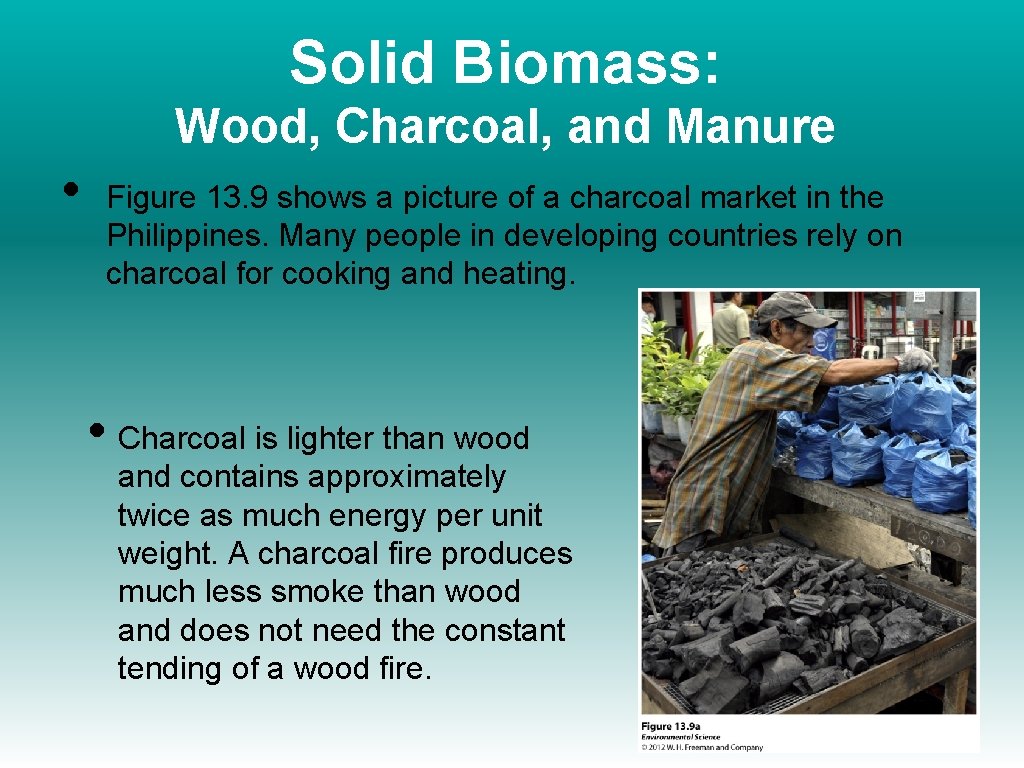 Solid Biomass: Wood, Charcoal, and Manure • Figure 13. 9 shows a picture of