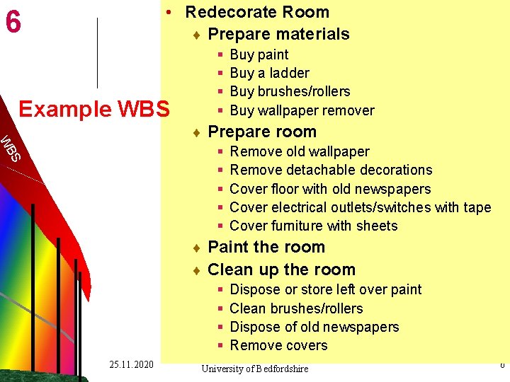  • Redecorate Room ¨ Prepare materials 6 § § Example WBS WB ¨