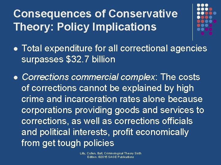 Consequences of Conservative Theory: Policy Implications l Total expenditure for all correctional agencies surpasses