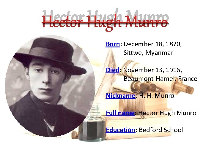 Hector Hugh Munro Born: December 18, 1870, Sittwe, Myanmar Died: November 13, 1916, Beaumont-Hamel,