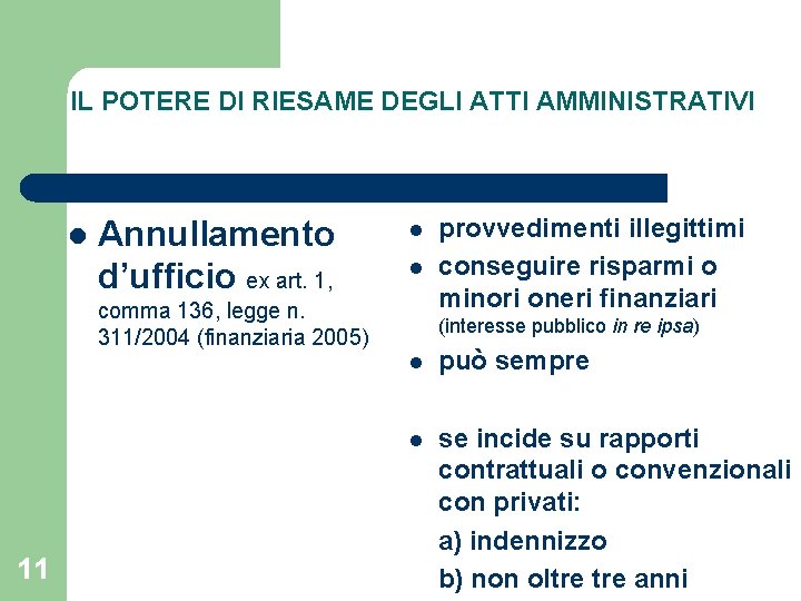 IL POTERE DI RIESAME DEGLI ATTI AMMINISTRATIVI l Annullamento d’ufficio ex art. 1, l