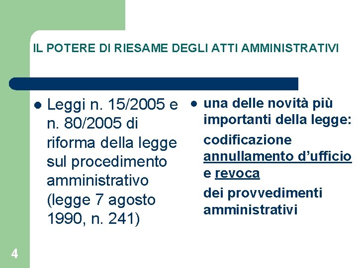 IL POTERE DI RIESAME DEGLI ATTI AMMINISTRATIVI l 4 Leggi n. 15/2005 e n.