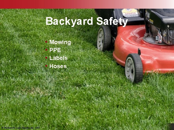 Backyard Safety • Mowing • PPE • Labels • Hoses © Business & Legal