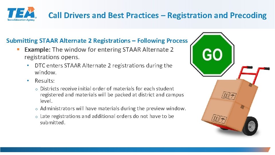 Call Drivers and Best Practices – Registration and Precoding Submitting STAAR Alternate 2 Registrations