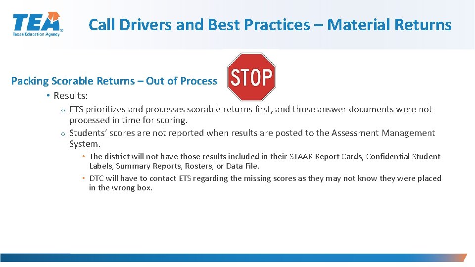 Call Drivers and Best Practices – Material Returns Packing Scorable Returns – Out of