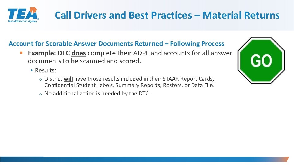 Call Drivers and Best Practices – Material Returns Account for Scorable Answer Documents Returned