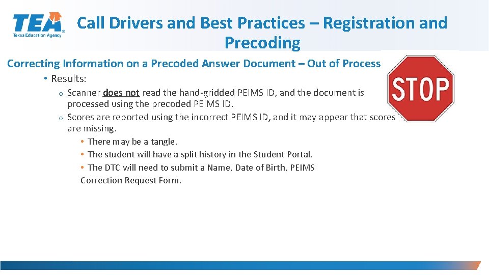 Call Drivers and Best Practices – Registration and Precoding Correcting Information on a Precoded