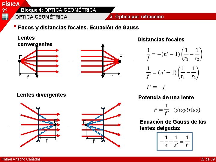 FÍSICA Bloque 4: OPTICA GEOMÉTRICA 2º 3. Óptica por refracción ÓPTICA GEOMÉTRICA Focos y