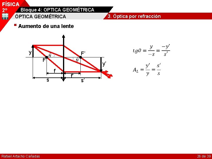 FÍSICA Bloque 4: OPTICA GEOMÉTRICA 2º 3. Óptica por refracción ÓPTICA GEOMÉTRICA Aumento de