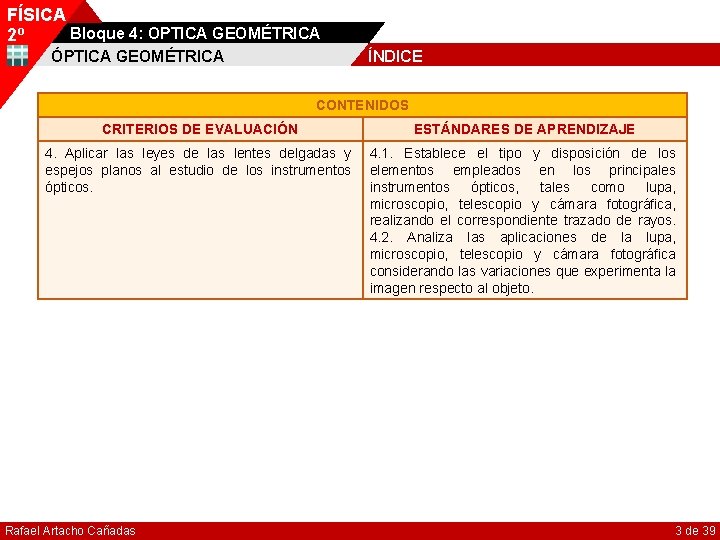 FÍSICA Bloque 4: OPTICA GEOMÉTRICA 2º ÓPTICA GEOMÉTRICA ÍNDICE CONTENIDOS CRITERIOS DE EVALUACIÓN ESTÁNDARES