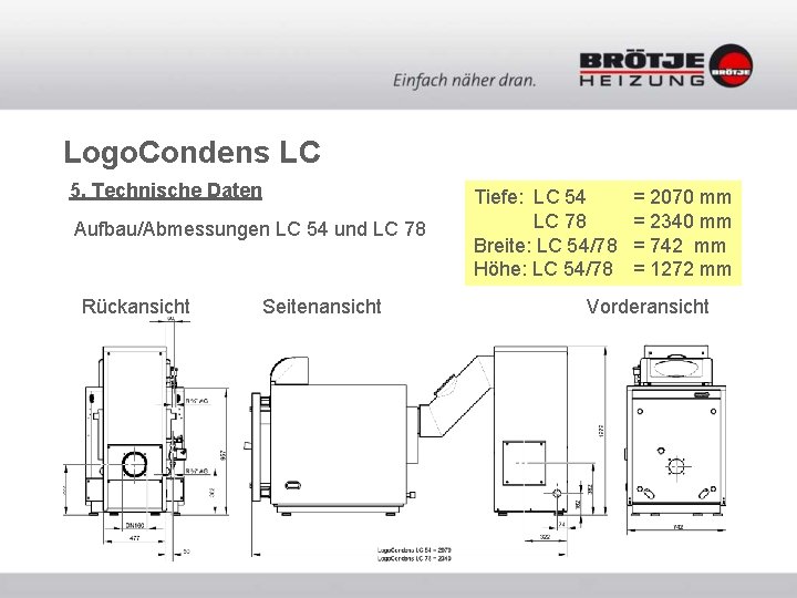 Logo. Condens LC 5. Technische Daten Aufbau/Abmessungen LC 54 und LC 78 Rückansicht Seitenansicht Logo. Condens LC 5. Technische Daten Aufbau/Abmessungen LC 54 und LC 78 Rückansicht Seitenansicht