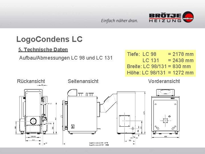 Logo. Condens LC 5. Technische Daten Aufbau/Abmessungen LC 98 und LC 131 Rückansicht Seitenansicht Logo. Condens LC 5. Technische Daten Aufbau/Abmessungen LC 98 und LC 131 Rückansicht Seitenansicht