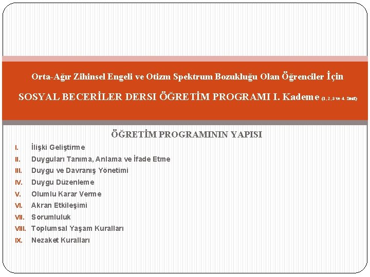 Orta-Ağır Zihinsel Engeli ve Otizm Spektrum Bozukluğu Olan Öğrenciler İçin SOSYAL BECERİLER DERSI ÖĞRETİM