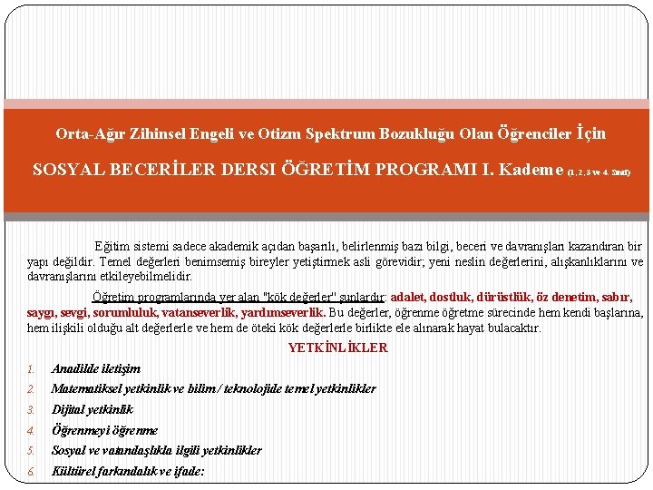 Orta-Ağır Zihinsel Engeli ve Otizm Spektrum Bozukluğu Olan Öğrenciler İçin SOSYAL BECERİLER DERSI ÖĞRETİM