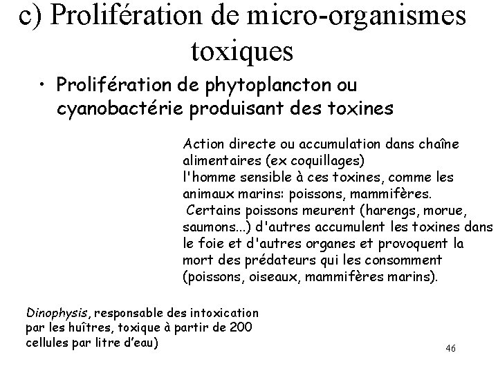 c) Prolifération de micro-organismes toxiques • Prolifération de phytoplancton ou cyanobactérie produisant des toxines