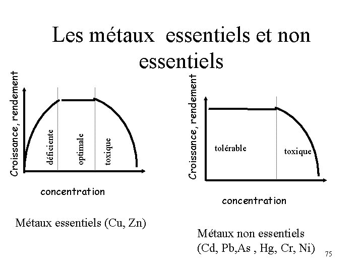 concentration Métaux essentiels (Cu, Zn) Croissance, rendement toxique optimale déficiente Croissance, rendement Les métaux