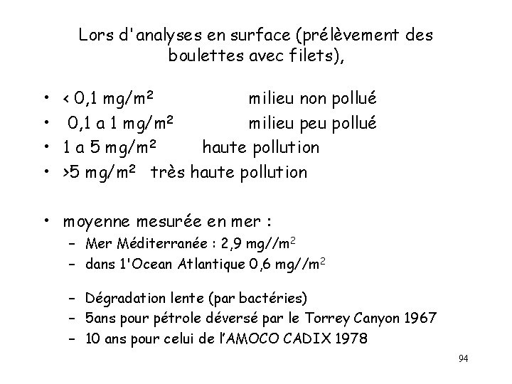 Lors d'analyses en surface (prélèvement des boulettes avec filets), • < 0, 1 mg/m