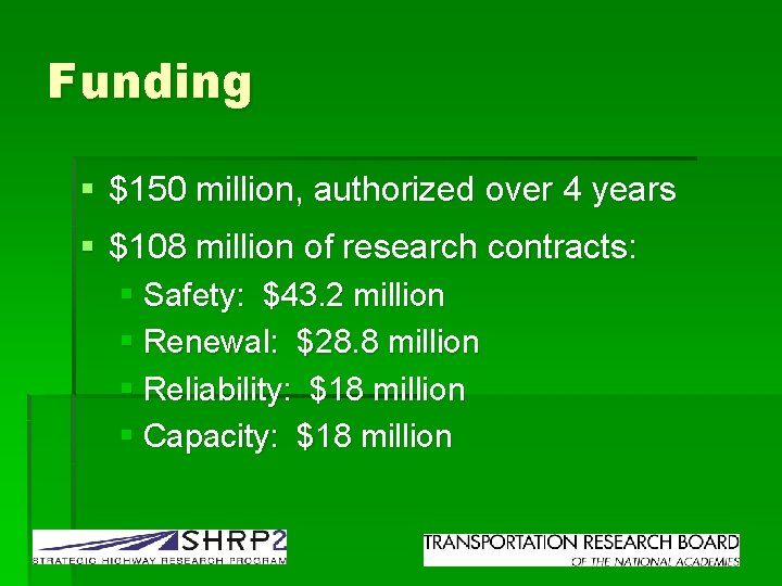 Funding § $150 million, authorized over 4 years § $108 million of research contracts: