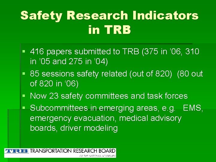 Safety Research Indicators in TRB § 416 papers submitted to TRB (375 in ’