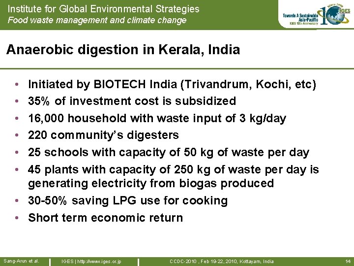 Institute for Global Environmental Strategies Food waste management and climate change Anaerobic digestion in