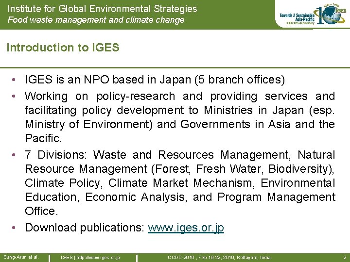 Institute for Global Environmental Strategies Food waste management and climate change Introduction to IGES