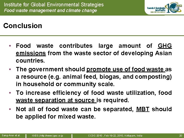 Institute for Global Environmental Strategies Food waste management and climate change Conclusion • Food