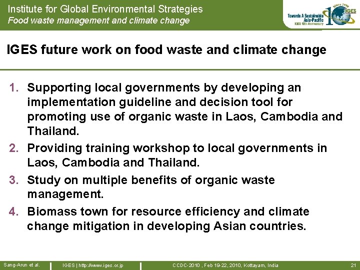 Institute for Global Environmental Strategies Food waste management and climate change IGES future work