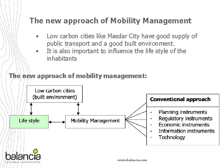 The new approach of Mobility Management • • Low carbon cities like Masdar City