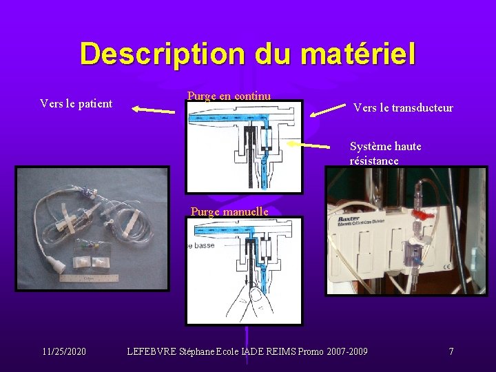 Description du matériel Vers le patient Purge en continu Vers le transducteur Système haute