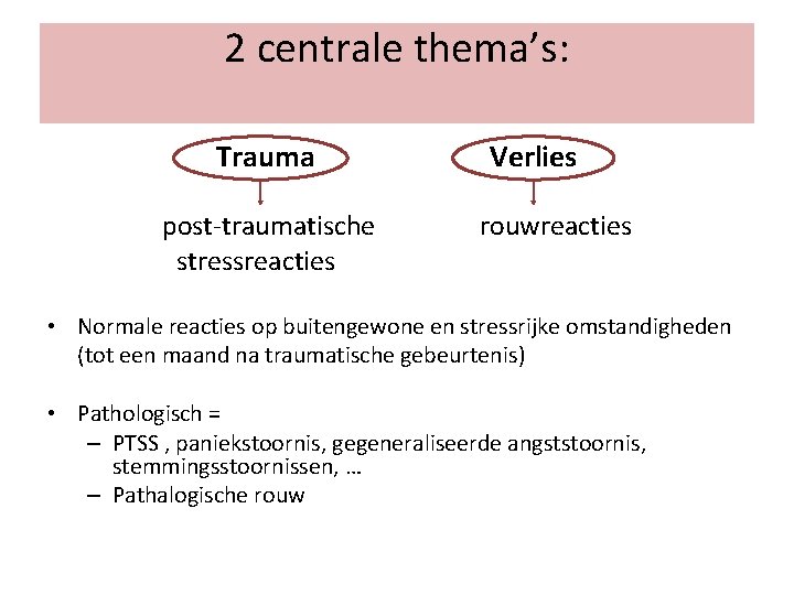 2 centrale thema’s: Trauma post-traumatische stressreacties Verlies rouwreacties • Normale reacties op buitengewone en