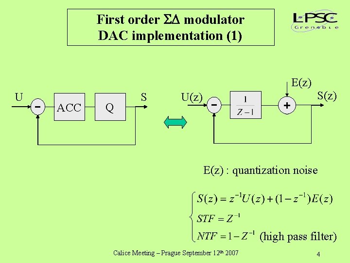 First order modulator DAC implementation (1) E(z) U ACC Q S S(z) U(z) E(z)
