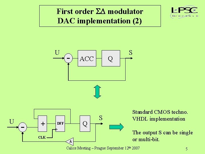 First order modulator DAC implementation (2) U U + Q ACC Q DFF CLK