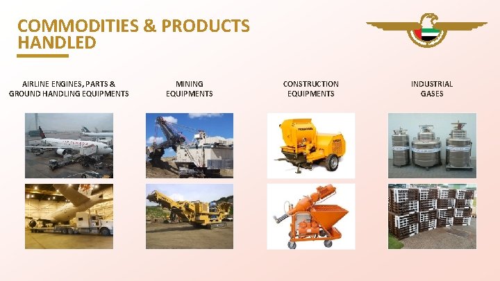 COMMODITIES & PRODUCTS HANDLED AIRLINE ENGINES, PARTS & GROUND HANDLING EQUIPMENTS MINING EQUIPMENTS CONSTRUCTION