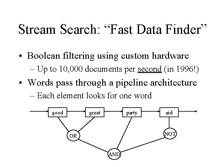 Stream Search: “Fast Data Finder” • Boolean filtering using custom hardware – Up to Stream Search: “Fast Data Finder” • Boolean filtering using custom hardware – Up to