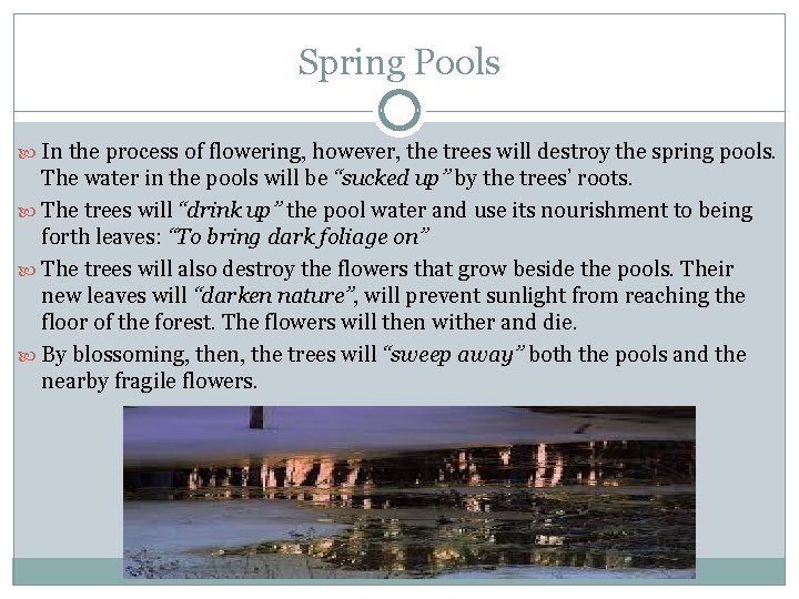 Spring Pools In the process of flowering, however, the trees will destroy the spring