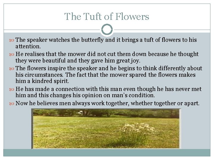 The Tuft of Flowers The speaker watches the butterfly and it brings a tuft